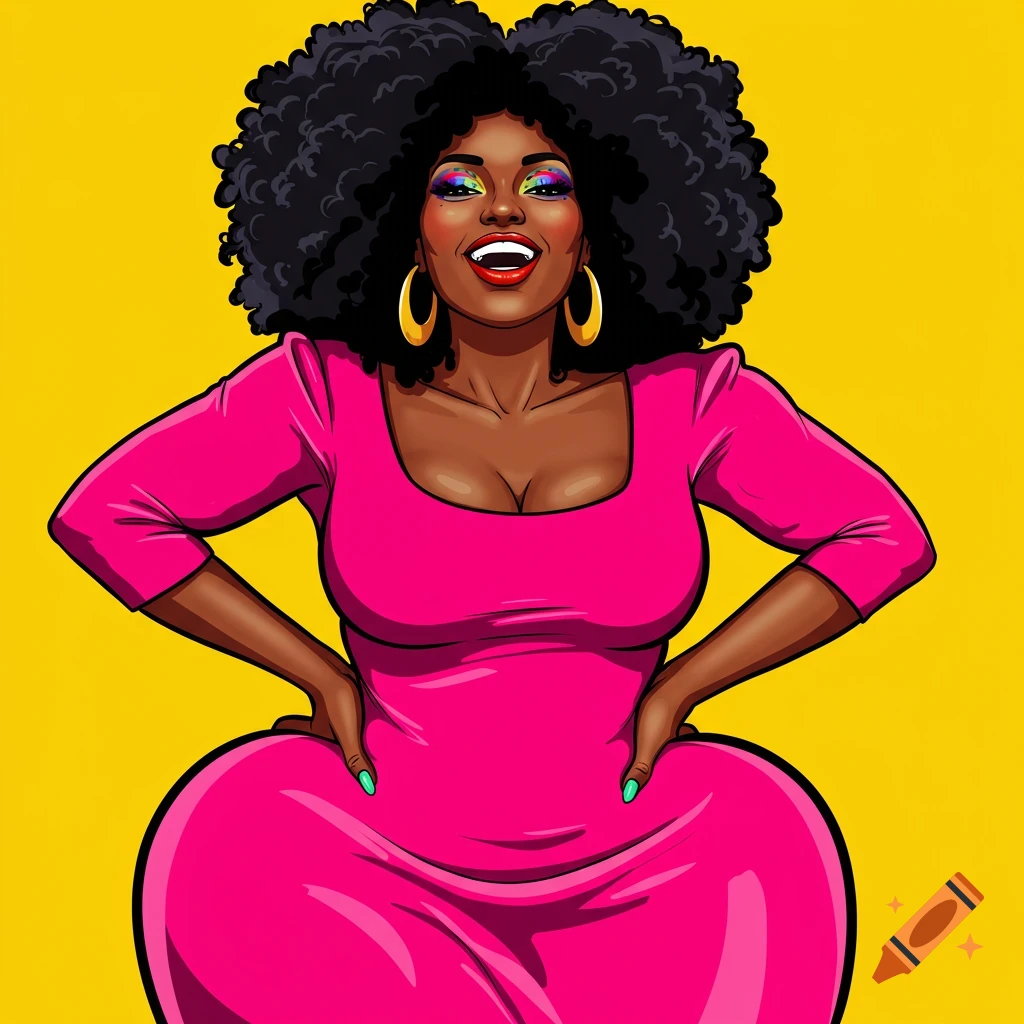 A vibrant illustration of a smiling Black woman with an afro, wearing a hot pink dress and colorful eye makeup, hands on her hips, against a bright yellow background.