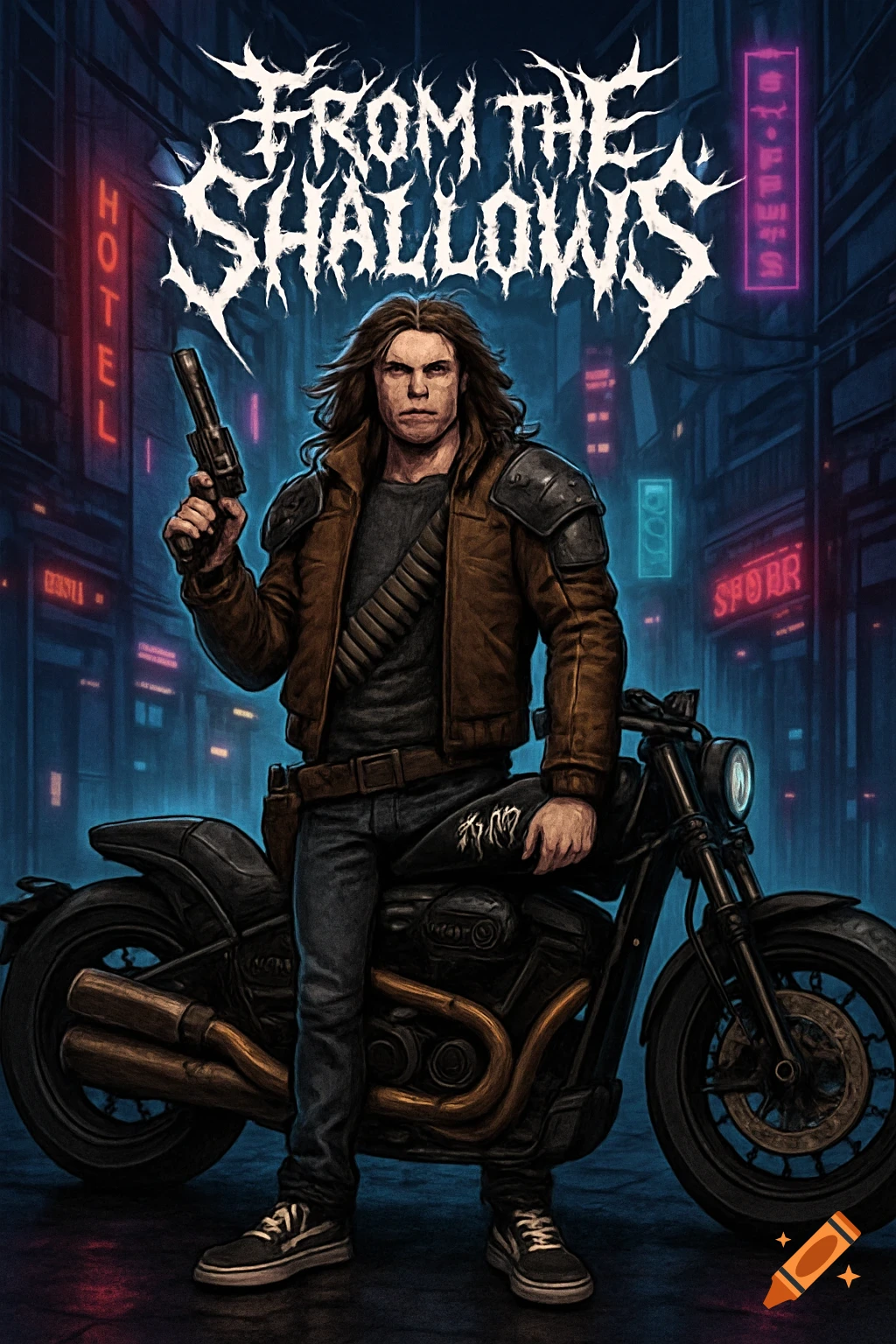 A cyberpunk character with long brown hair, wearing a brown jacket, holding a gun, standing next to a black motorcycle in a neon-lit city. "FROM THE SHALLOWS" text is at the top.