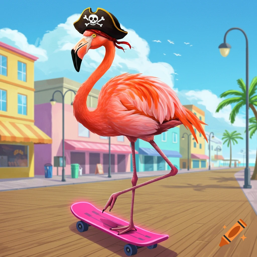 A cartoon flamingo wearing a pirate hat rides a pink skateboard down a boardwalk lined with colorful buildings under a sunny sky.