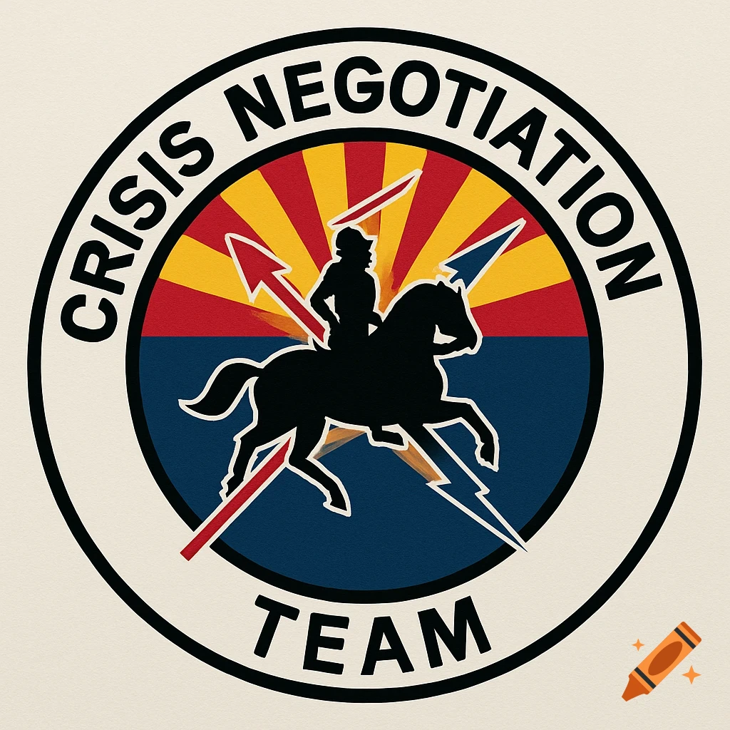 A round logo for a Crisis Negotiation Team featuring a black silhouette of a knight on horseback over an Arizona flag-like background with a red arrow and blue lightning bolt.