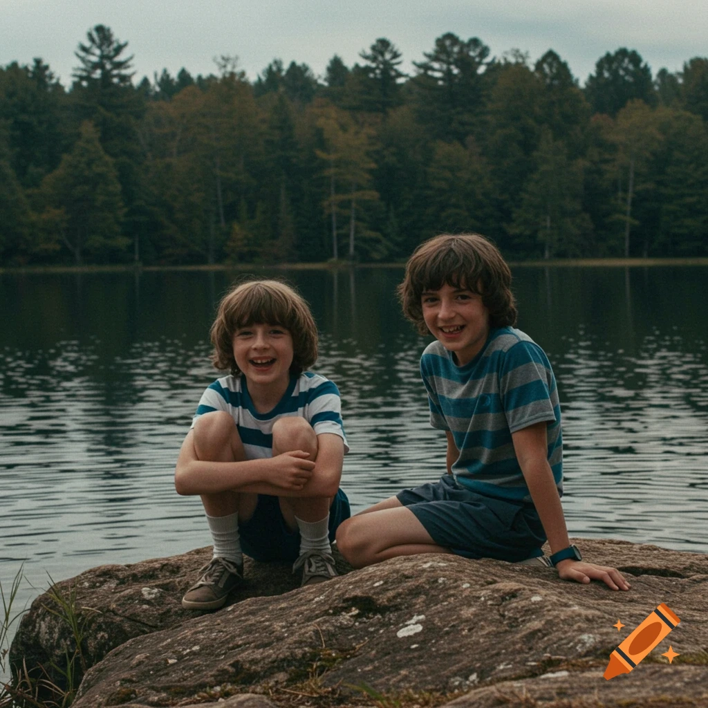 Two young boys with shaggy hair sit on a large rock by a lake, smiling at the camera. Trees line the far shore under an overcast sky.