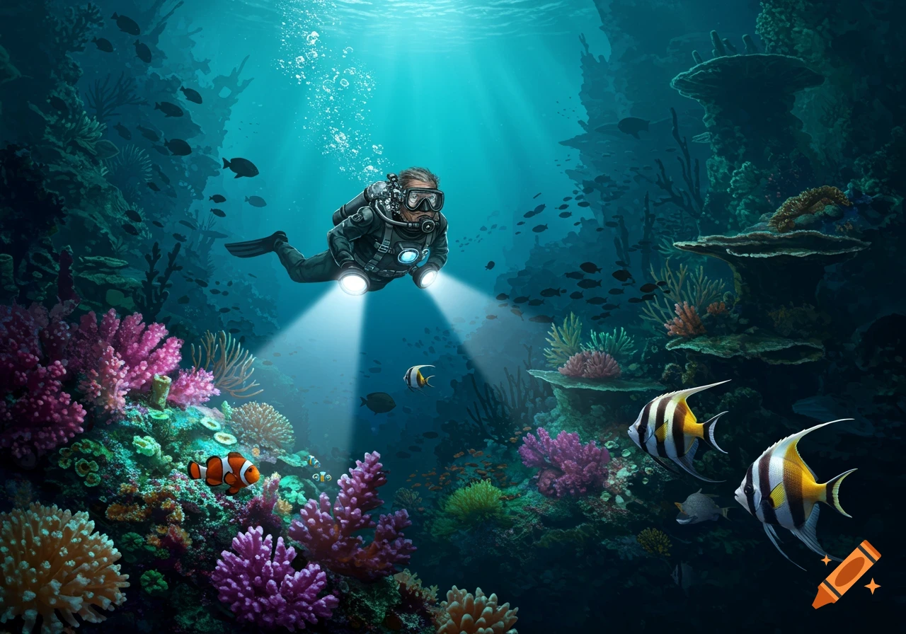 A deep-sea diver explores a vibrant coral reef, illuminated by their lights, surrounded by colorful fish.