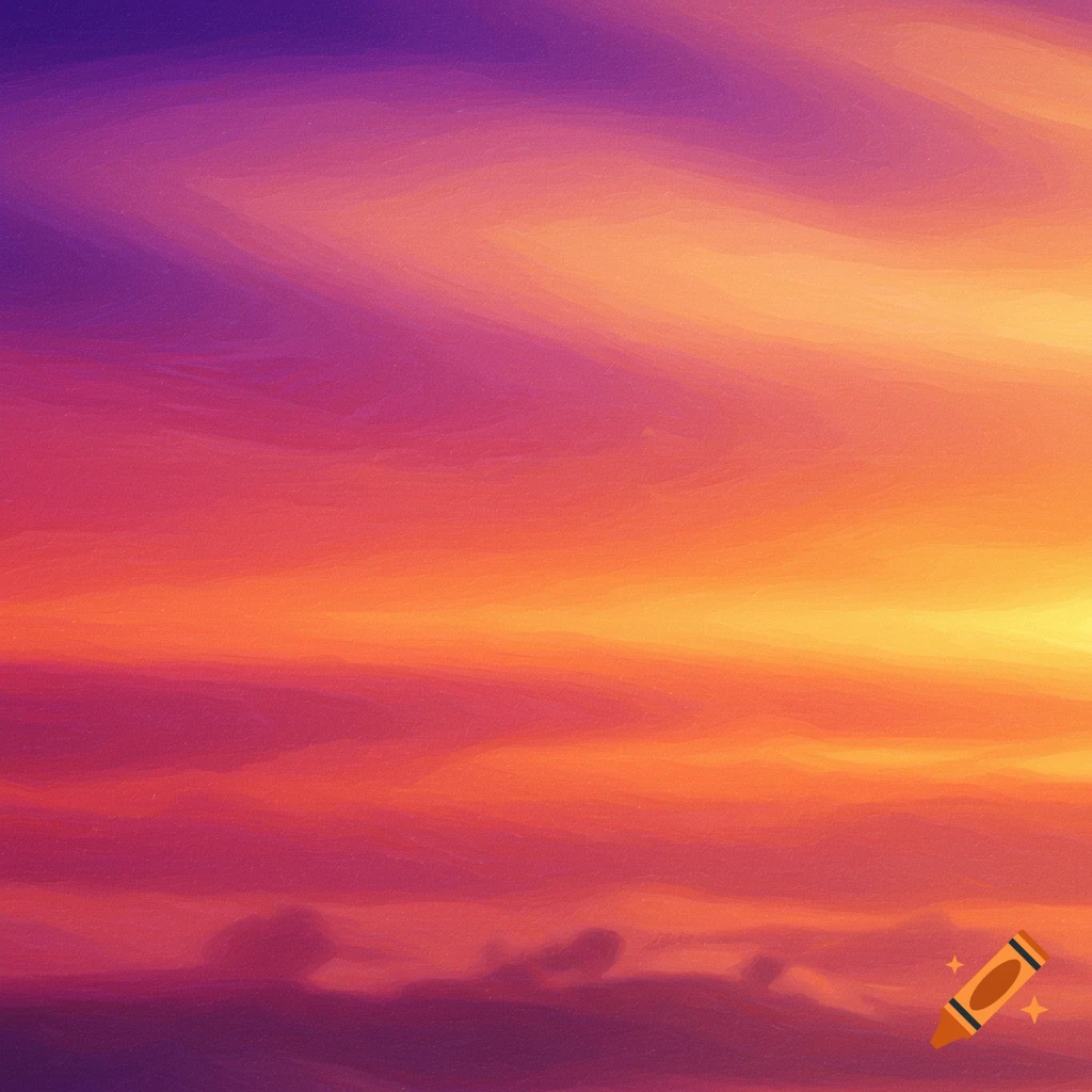 Abstract painting of a sunset sky with vibrant purple, orange, and yellow hues and visible brushstrokes.