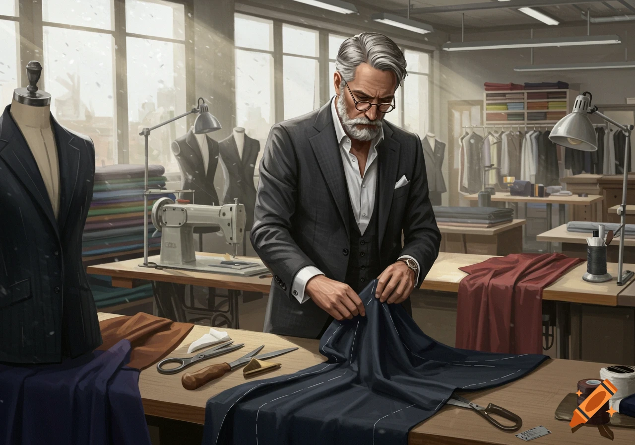 An older male tailor in a suit works on fabric in a busy atelier with sewing machines and mannequins.