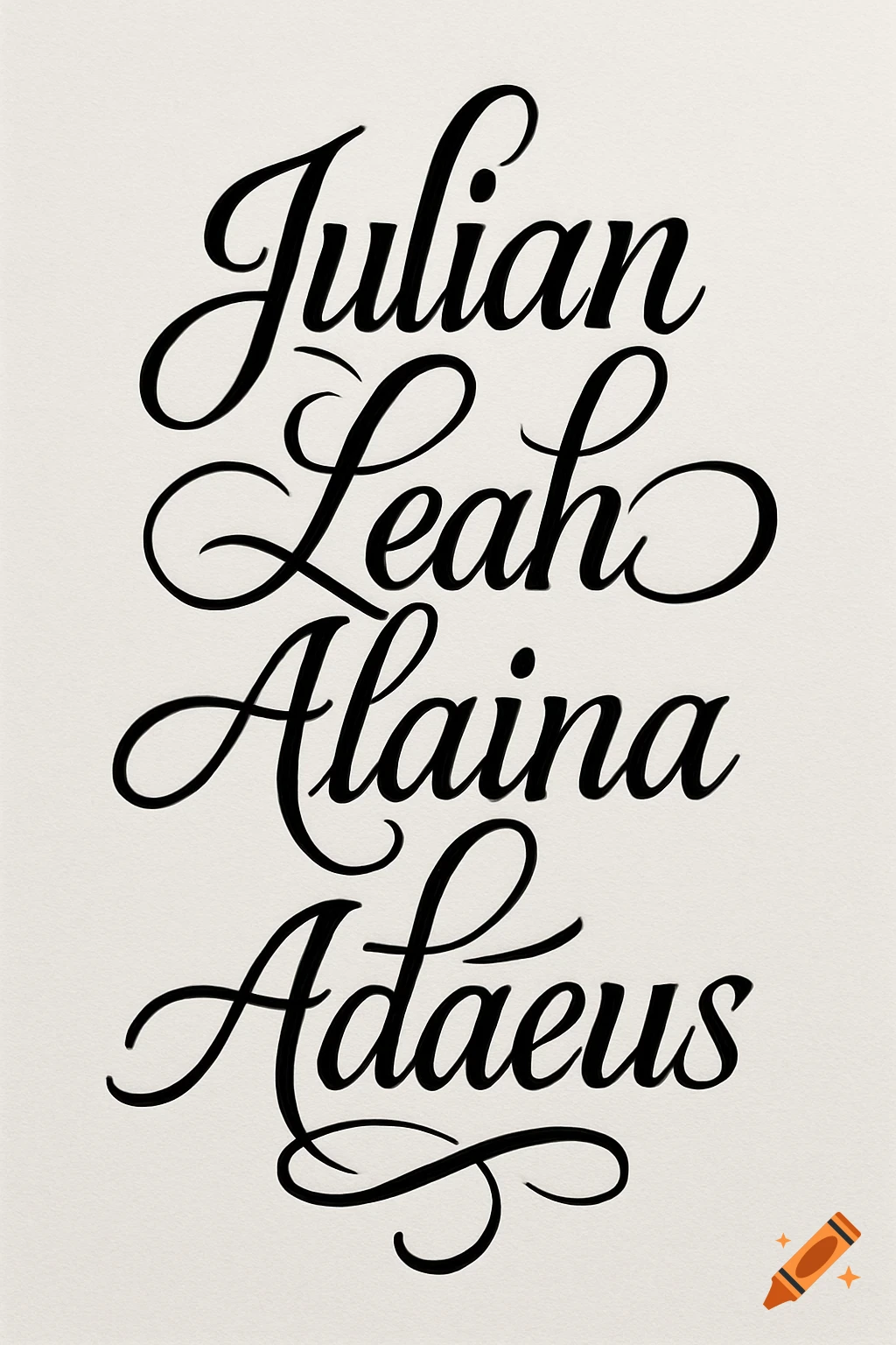 Four names, Julian, Leah, Alaina, and Adaeus, written in elegant black calligraphic script on a light cream background.