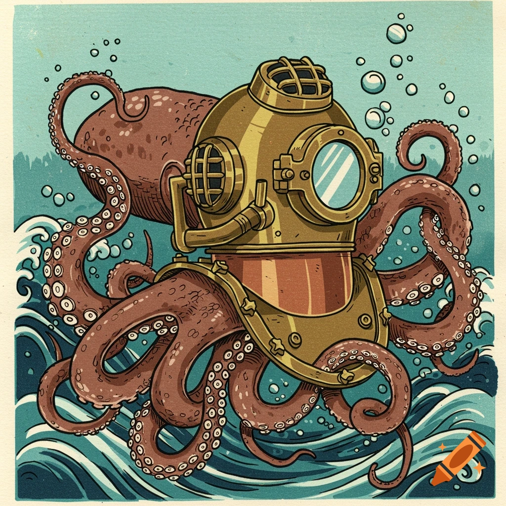An octopus wearing a brass diving bell helmet, amidst ocean waves and bubbles, rendered in a woodblock print style.