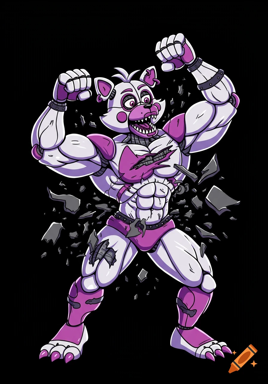Muscular white and pink animatronic character, Funtime Chica, flexes as her metal body tears apart, against a black background.