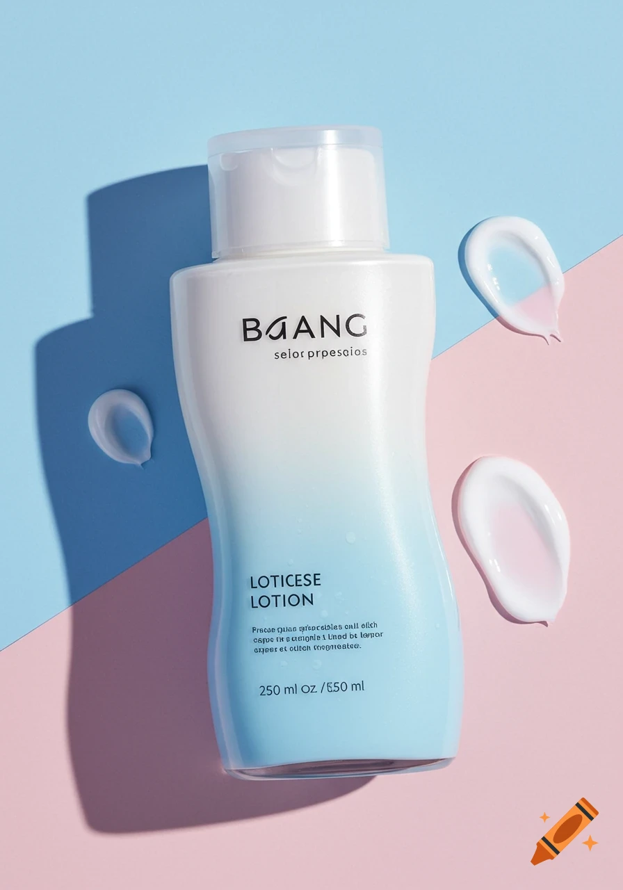 A white and light blue lotion bottle with cream smears on a light blue and pink background.