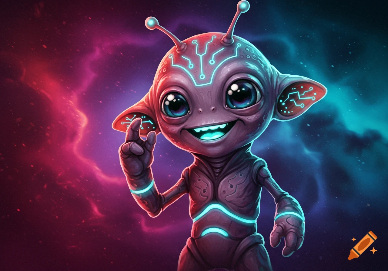 A cute, smiling cartoon alien with glowing blue circuit patterns stands against a vibrant cosmic background.
