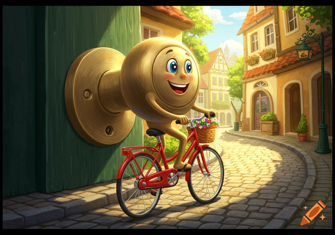 A cheerful cartoon door knob character rides a red bicycle with a flower basket down a cobblestone street in a sunny village.