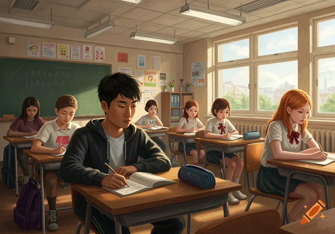 Students are diligently writing at their desks in a sunlit classroom ...