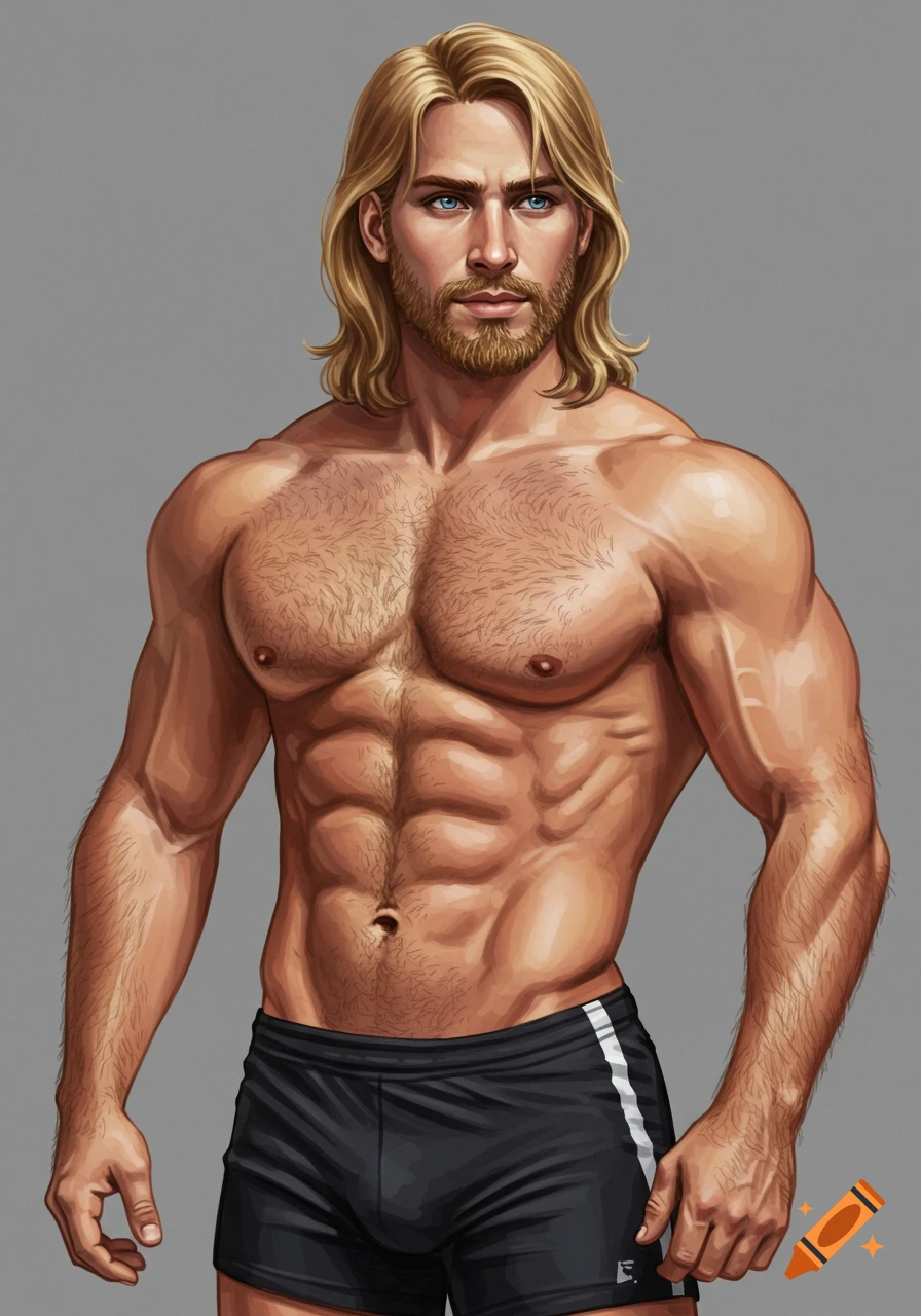 A muscular man with long blonde hair and a beard, wearing black shorts, standing against a grey background in a digital art style.