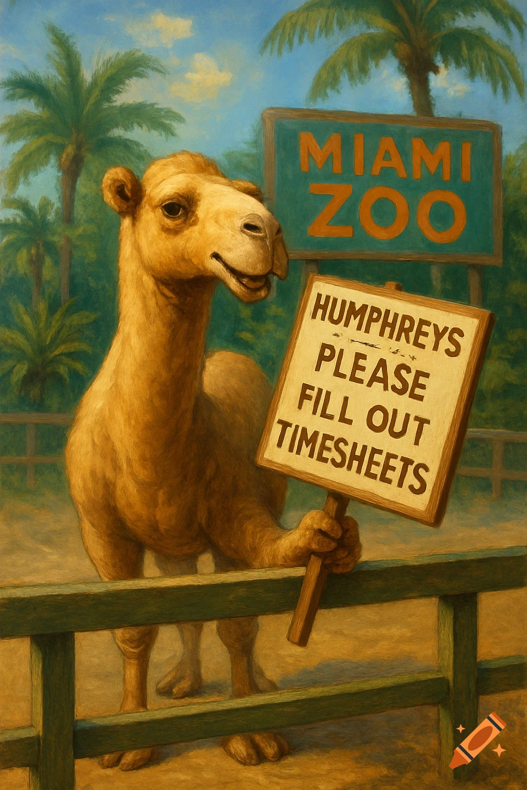 A smiling camel named Humphreys holds a sign saying 'Humphreys Please Fill Out Timesheets' at the Miami Zoo. The image has a painterly style.