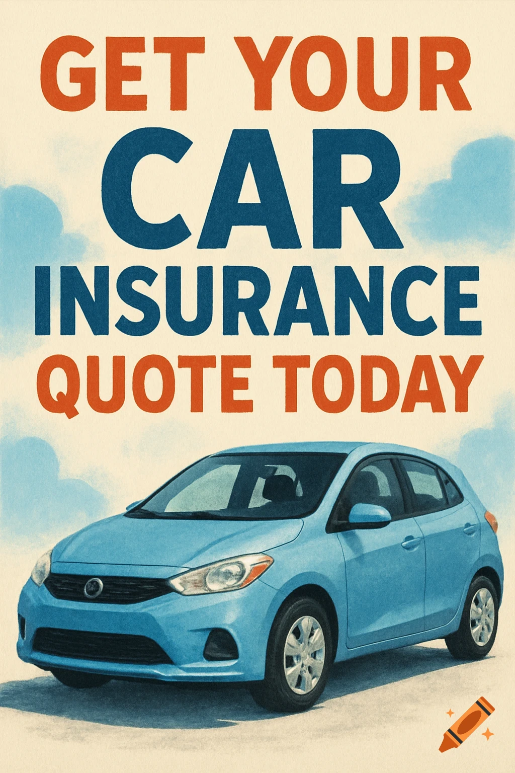 A vintage-style advertisement poster for car insurance features a light blue car beneath large, blocky text that reads "GET YOUR CAR INSURANCE QUOTE TODAY" in orange and blue.