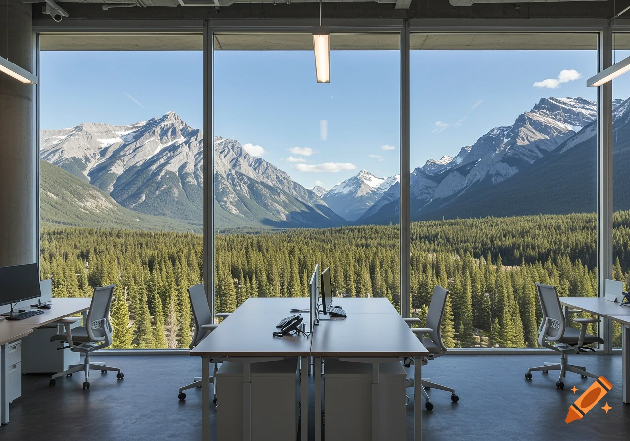 Modern office interior with large windows looking out onto a mountain range and pine forest under a clear sky.
