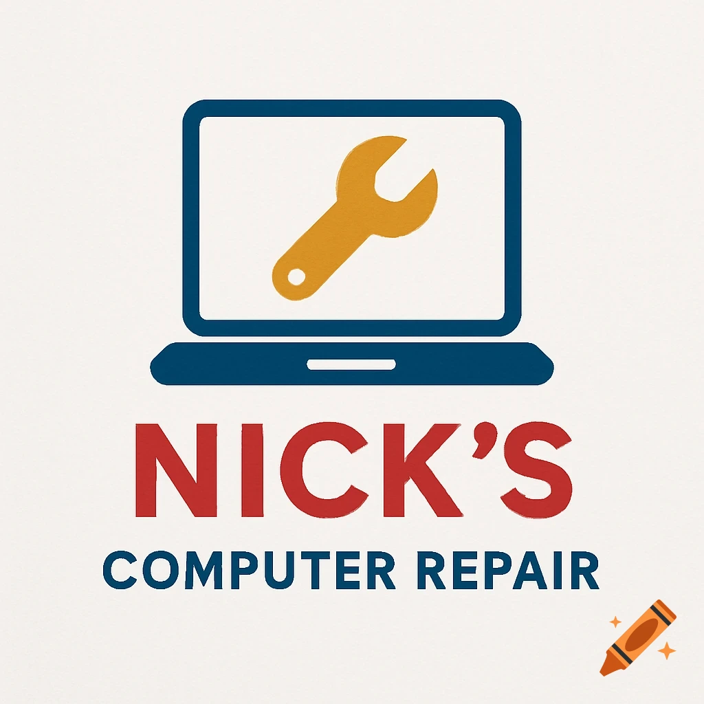 A logo for Nick's Computer Repair, featuring a blue laptop icon with a gold wrench on its screen, and the text "NICK'S COMPUTER REPAIR" in red and blue on a white background.