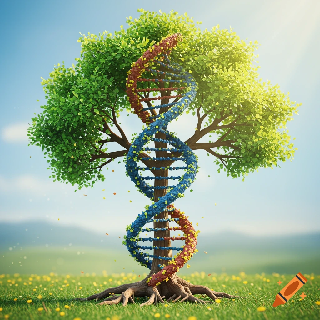 A vibrant tree with its trunk shaped like a red and blue DNA double helix, standing in a green field under a clear blue sky.