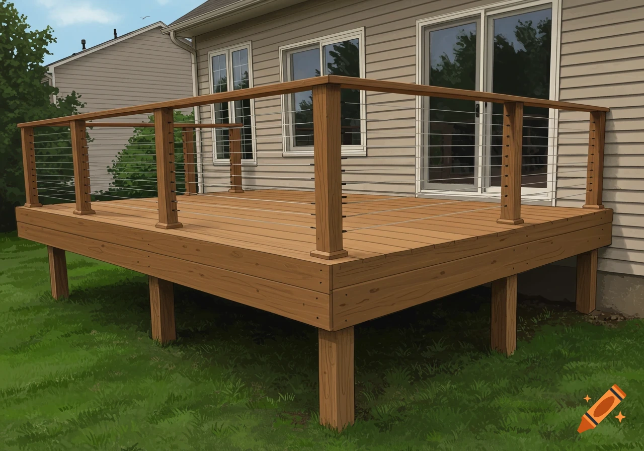 A wooden deck with cable railings extends from the back of a house, set above a lush green lawn.