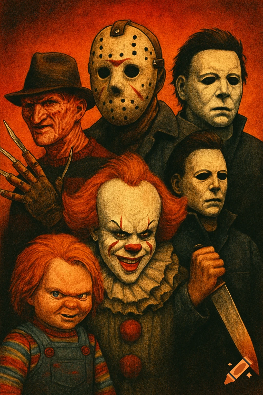 A horror movie poster featuring Freddy Krueger, Jason Voorhees, Pennywise, Michael Myers, and Chucky in a stylized, hand-drawn look.
