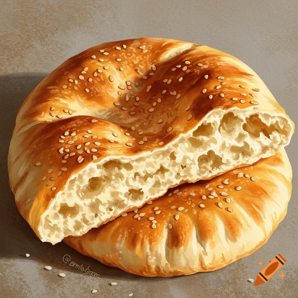An illustration of a golden-brown Cypriot pitta bread, cut in half to show its soft interior, on a grey surface.