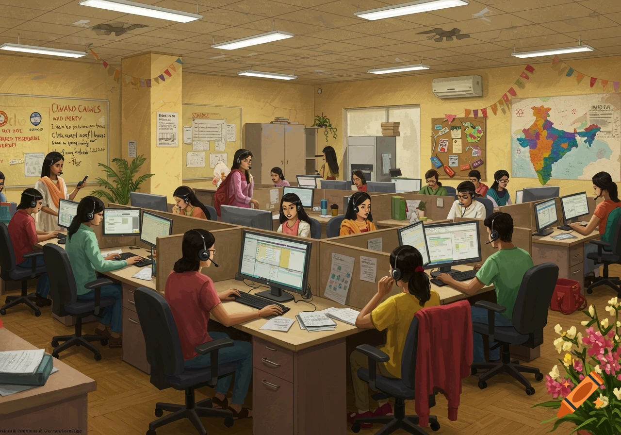 A busy Indian call center with many employees wearing headsets and working at computers in cubicles under fluorescent lights.