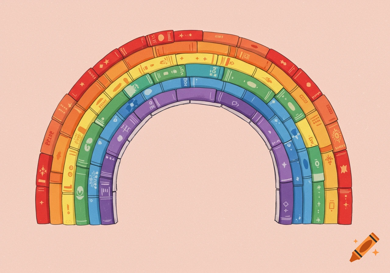 An illustration of a rainbow arch made from colorful books with various symbols and some legible text, on a light pink background.