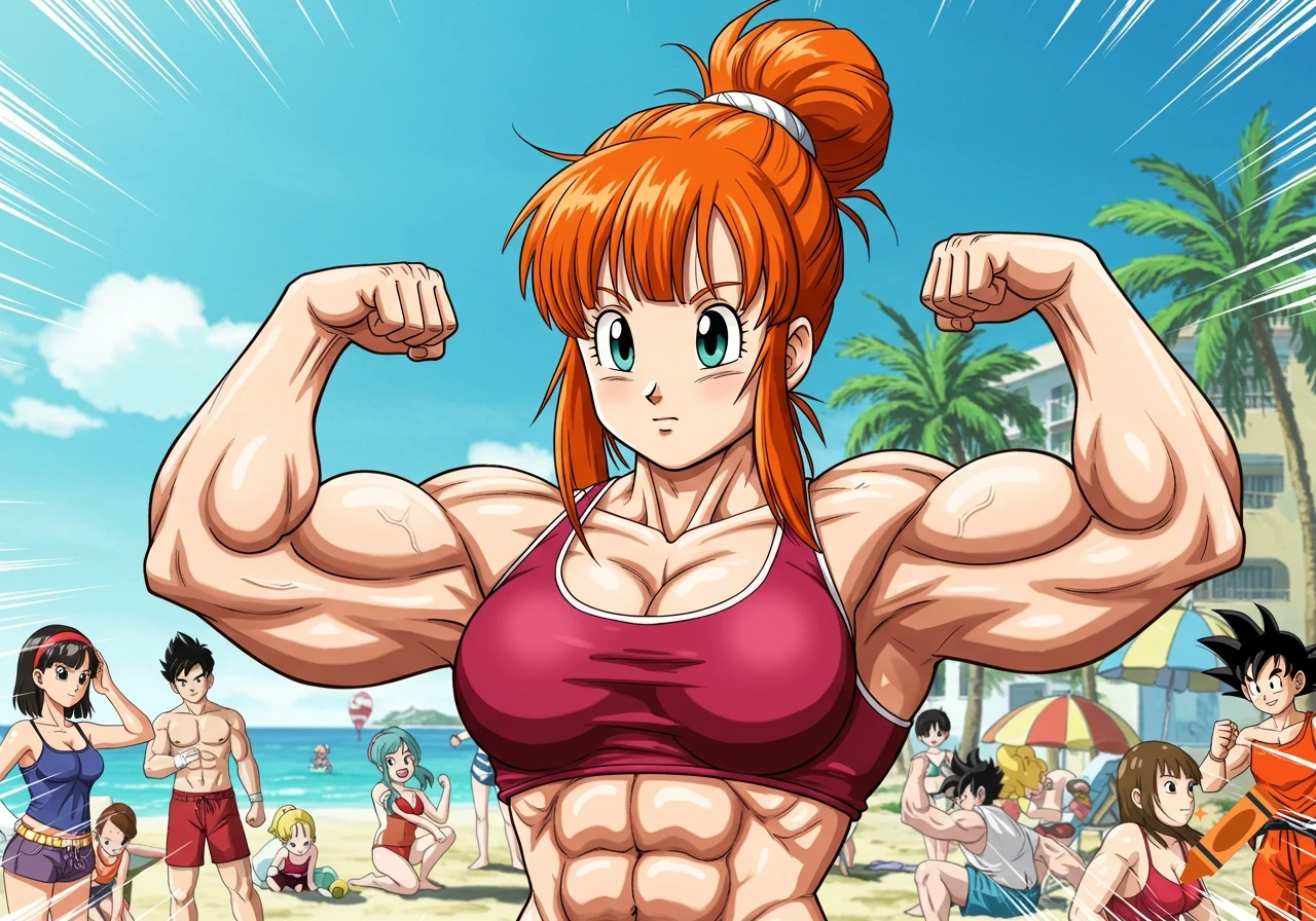 Anime illustration of a muscular Chi-Chi from Dragon Ball flexing her large biceps at a sunny beach.