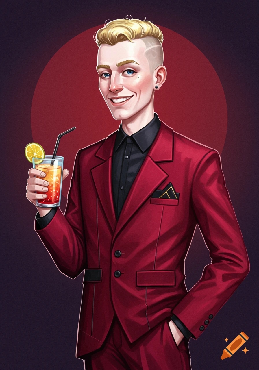 An illustrated man with blonde hair and a red suit smiles while holding a drink with a lemon slice and straw.