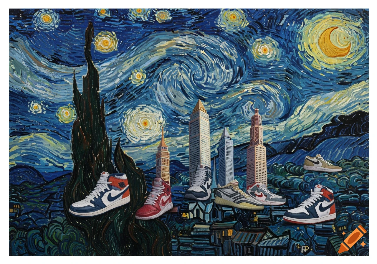 Surreal painting in the style of Van Gogh's Starry Night, with a city skyline where buildings are giant sneakers.