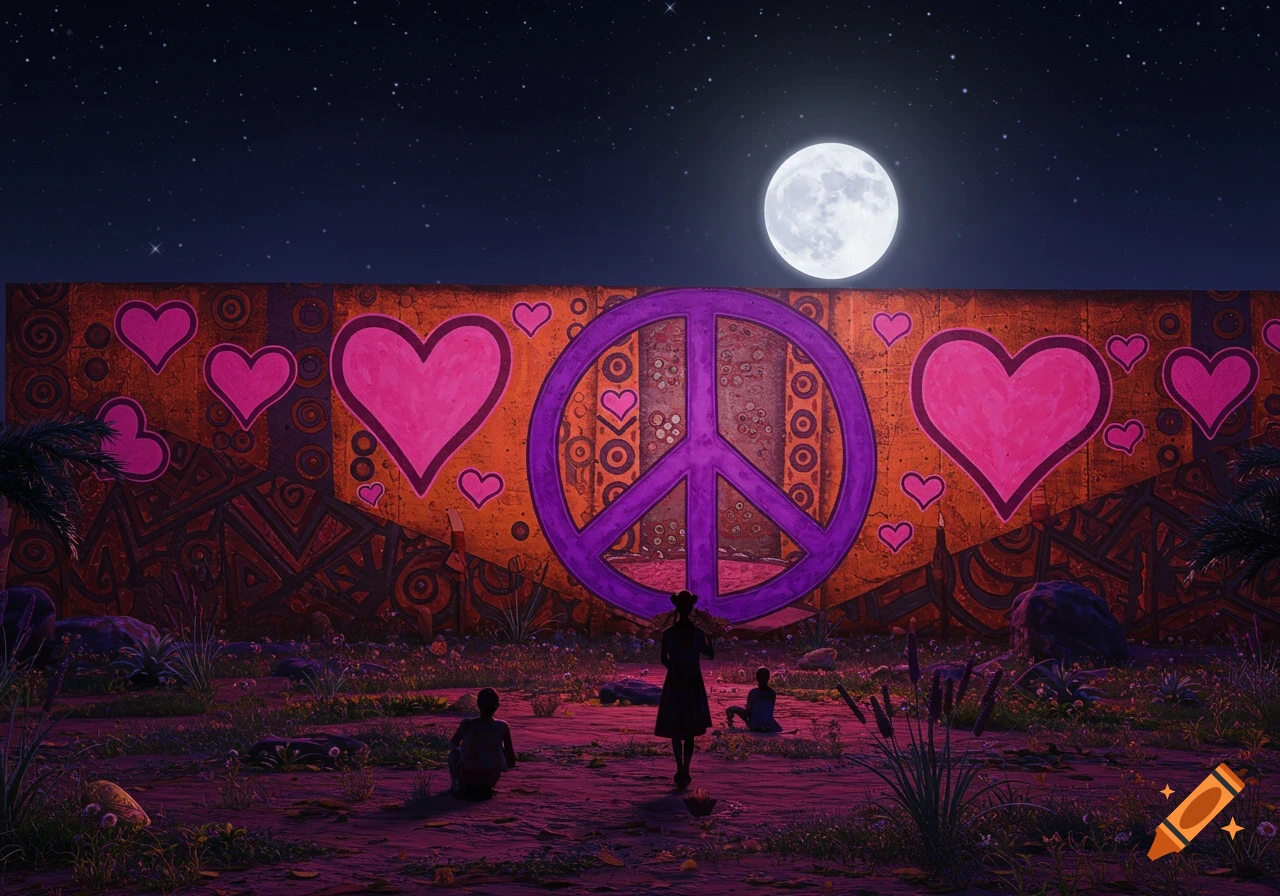 A vibrant peace mural with a large purple peace sign and pink hearts, under a full moon and starry night sky, with three silhouetted figures observing from below.