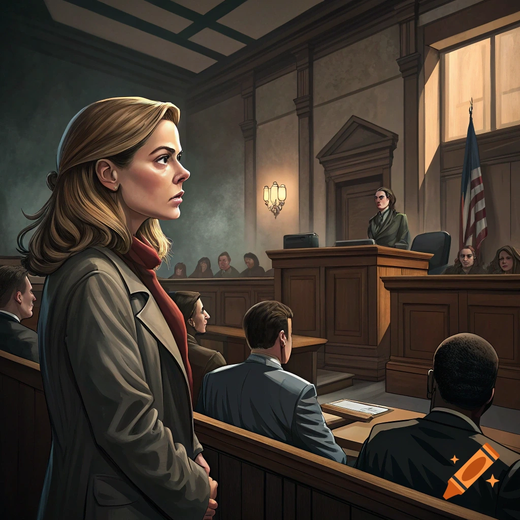 A woman stands in a courtroom, looking intently to her right, with a judge and jury visible in the background in an illustrative style.