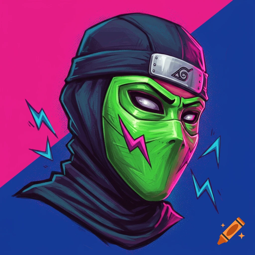A stylized green ninja mask with pink lightning bolts, white eyes, a dark hood, and a headband with a spiraled symbol, on a split pink and blue background.