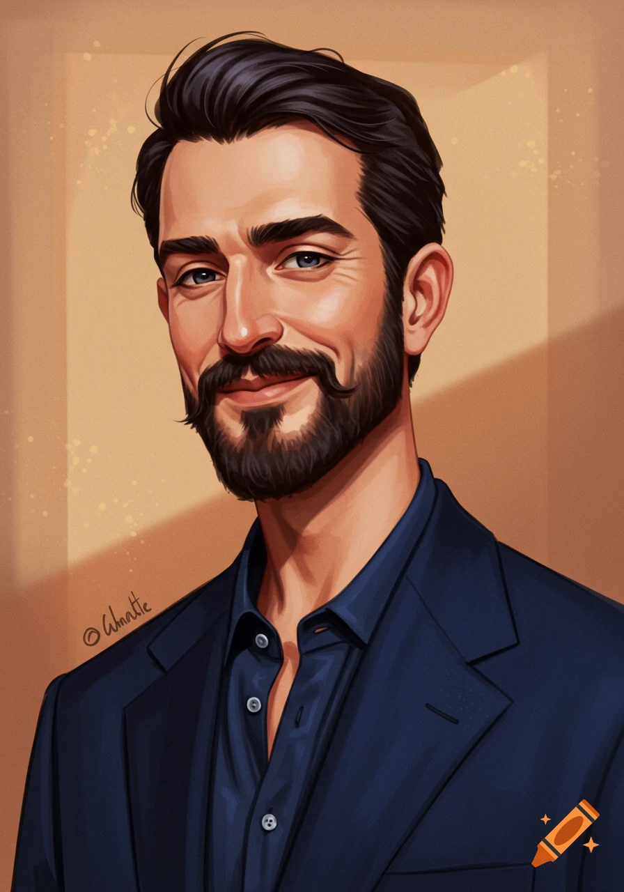 A digital art portrait of a smiling man with a dark beard and mustache, wearing a blue shirt and jacket.
