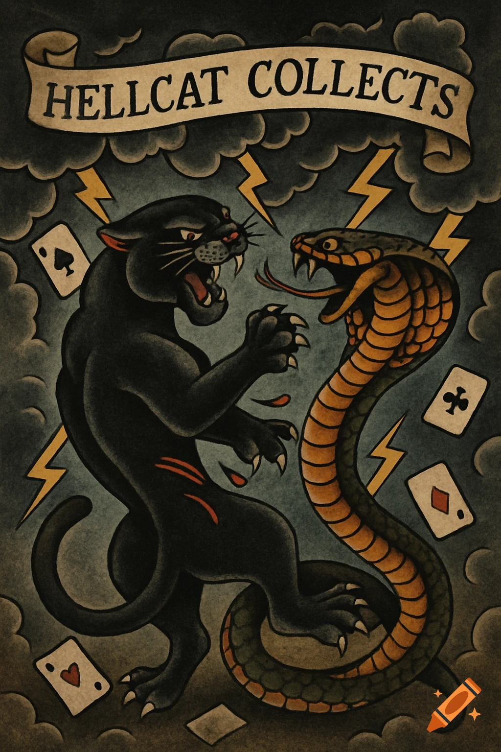 Old school tattoo flash art of a black panther and a cobra battling under stormy skies with lightning and playing cards. A banner reads HELLCAT COLLECTS.