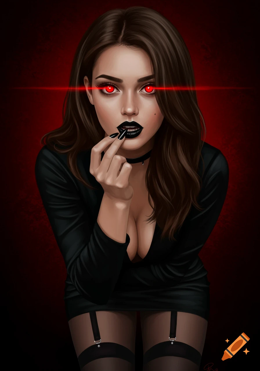A seductive woman with glowing red eyes, black lipstick, and a black dress with garters, against a red background. Illustrated style.