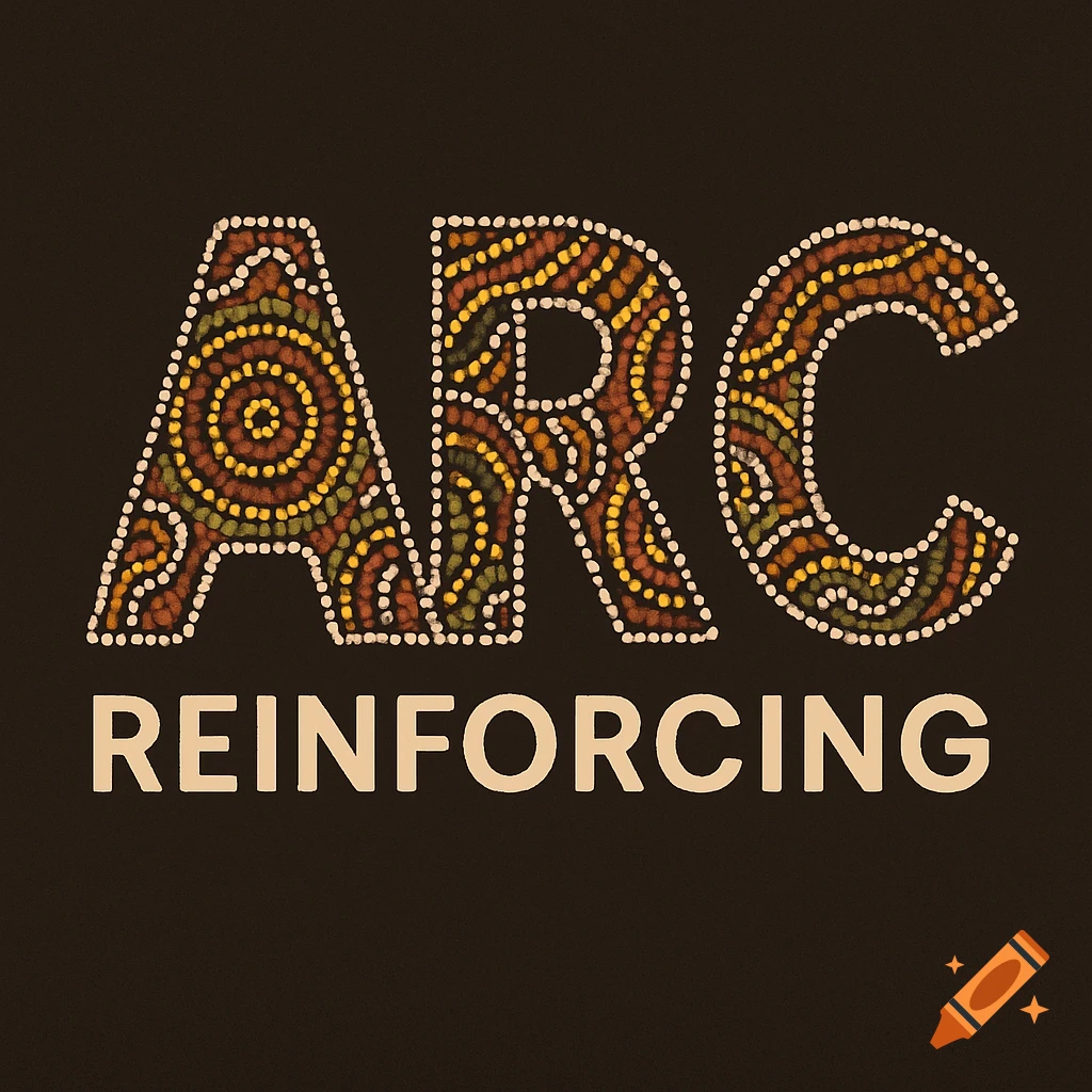 Logo for ARC Reinforcing, rendered in colorful Australian Aboriginal dot art style on a dark background.