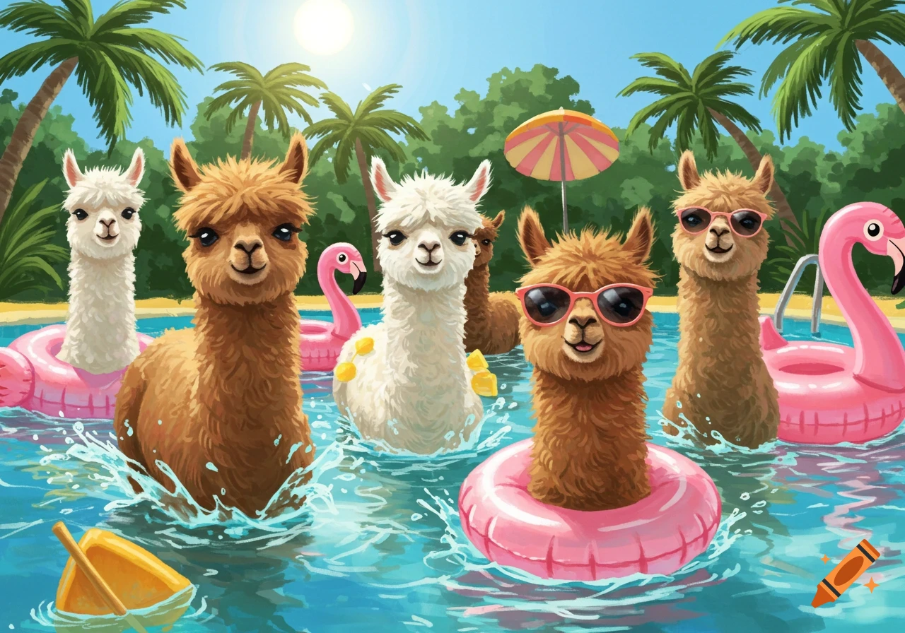 Illustrated alpacas having a pool party in a sunny swimming pool with palm trees, some wearing sunglasses and in inflatable rings.