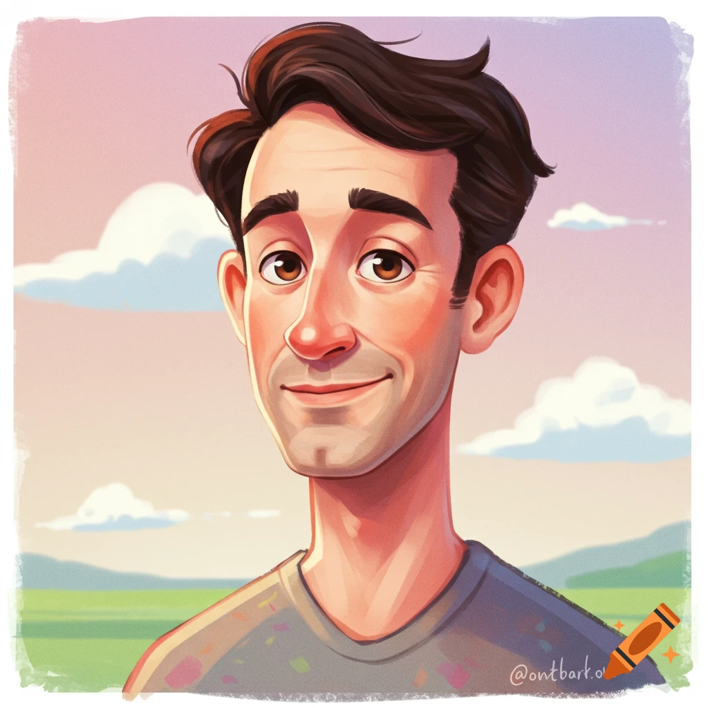 A cartoon illustration of a smiling man with dark hair against a sky and green field background.