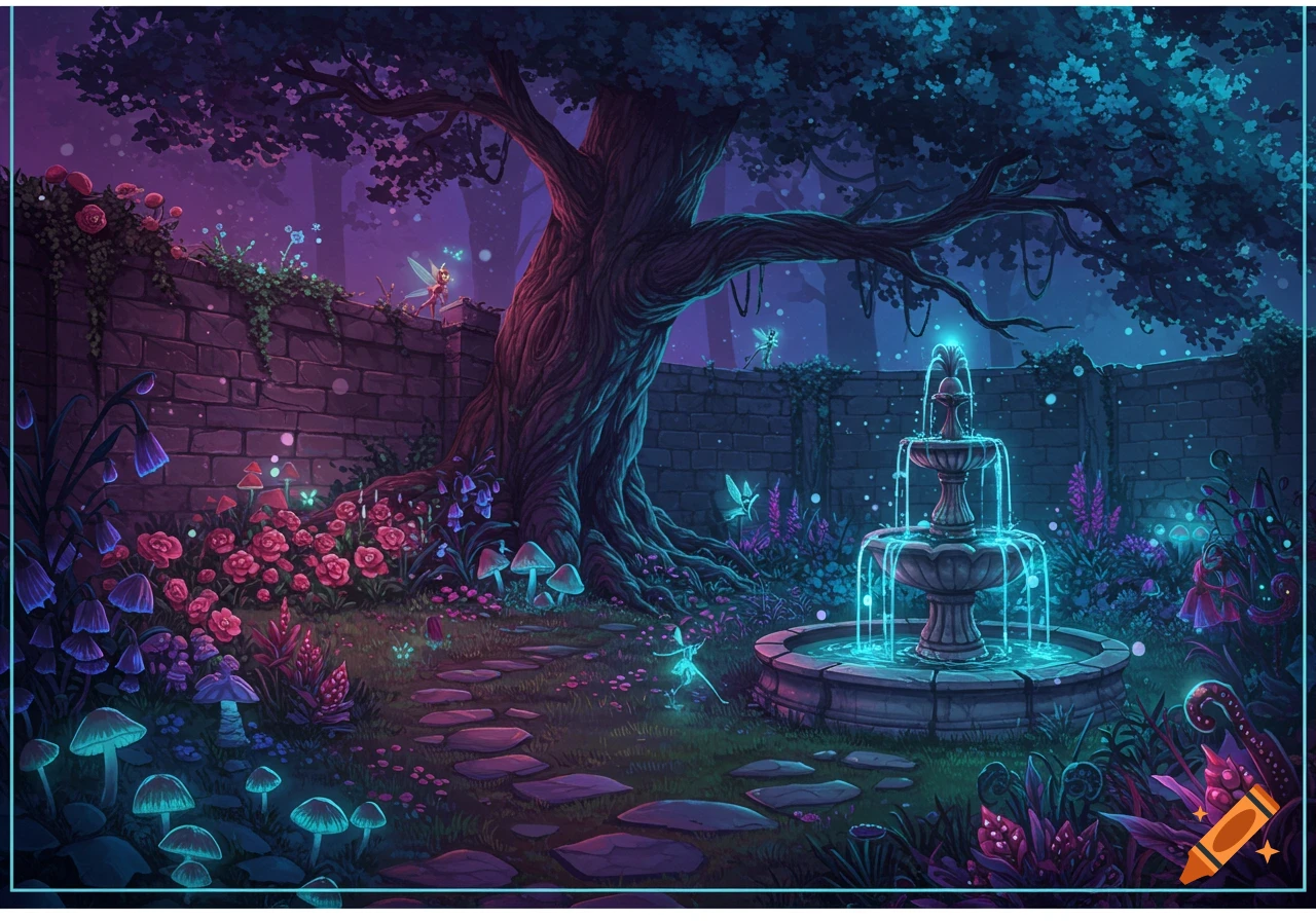 A vibrant fantasy garden scene at twilight with a large tree, a glowing blue fountain, and small fairies amidst colorful, glowing flora.