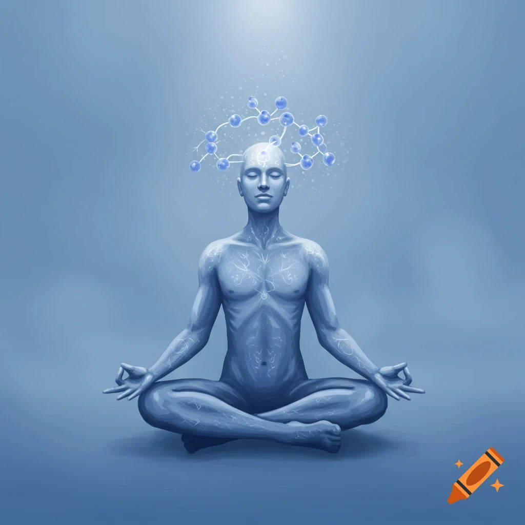An abstract illustration of a blue-skinned person meditating in the lotus position, with a glowing molecular structure above their head.