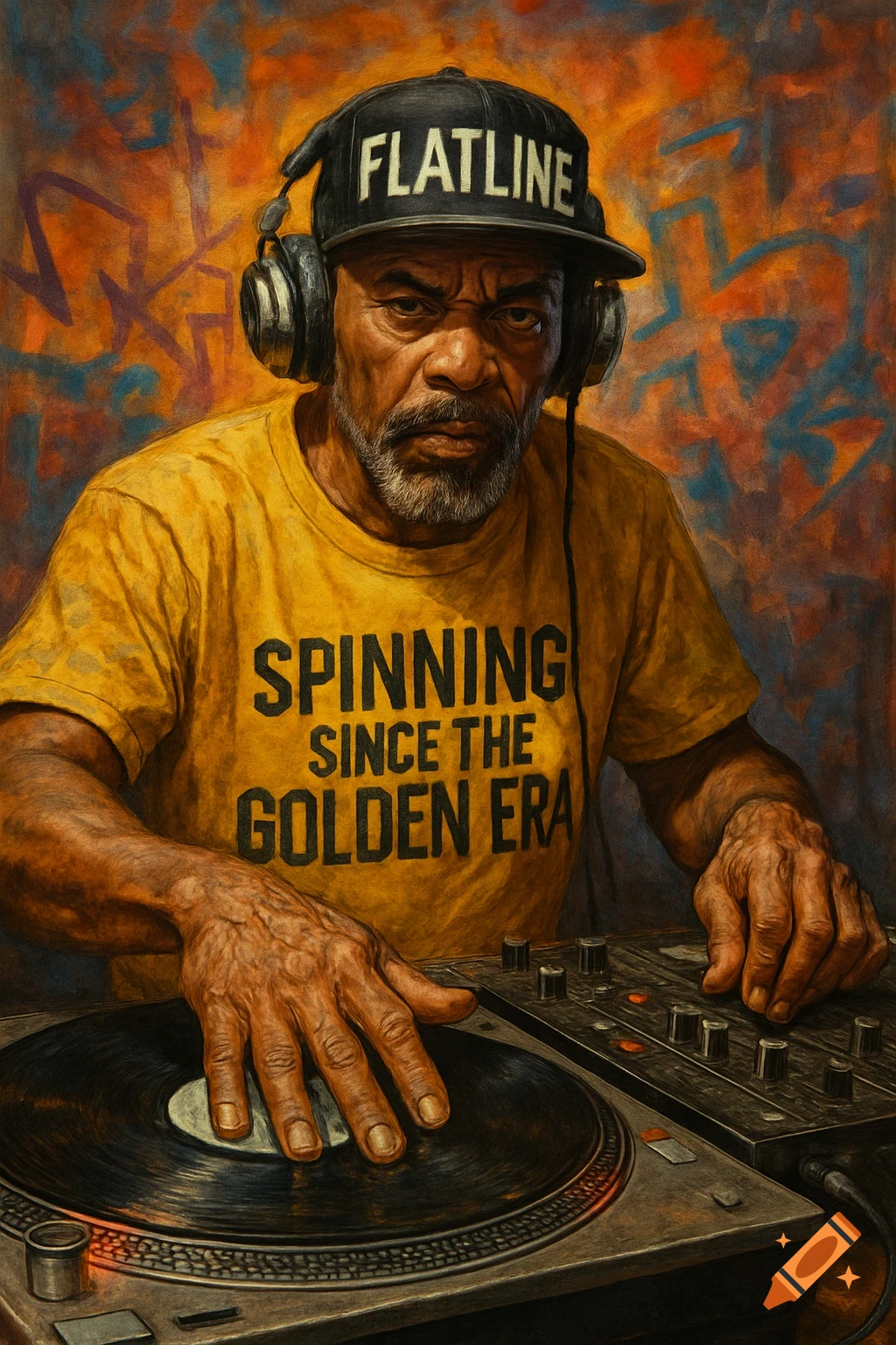 Painterly portrait of an older man with a beard, wearing headphones and a 'FLATLINE' cap, DJing on turntables. His shirt says 'SPINNING SINCE THE GOLDEN ERA'.