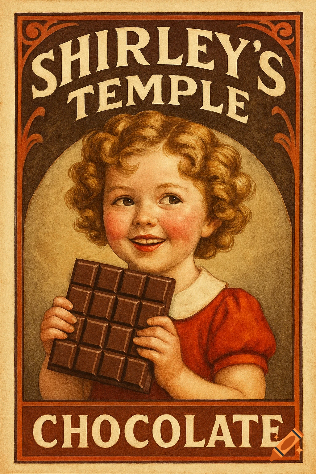Vintage ad poster of a smiling child holding a chocolate bar, with 'SHIRLEY'S TEMPLE CHOCOLATE' text.