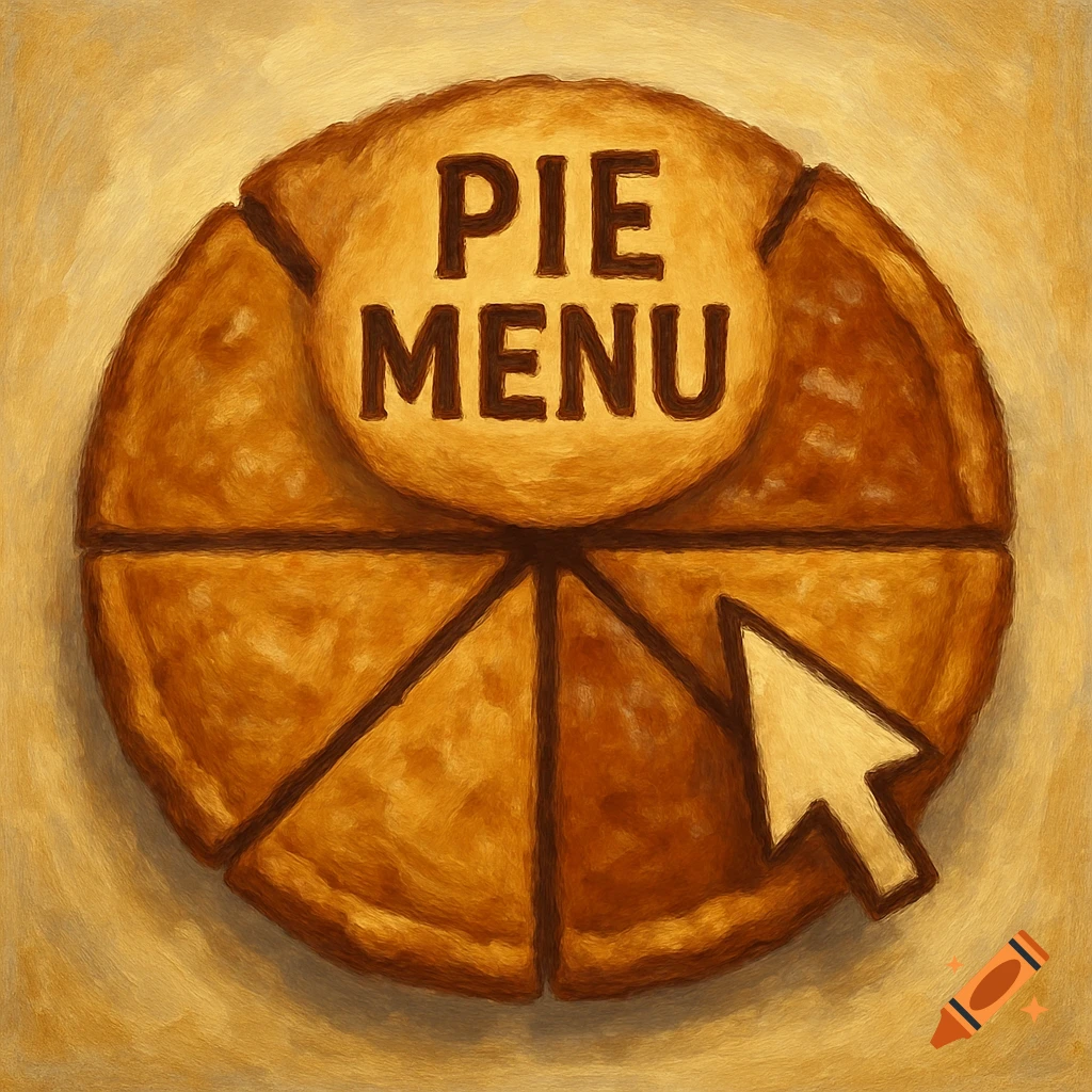A painted image of a pie, divided into slices, with 'PIE MENU' embossed ...