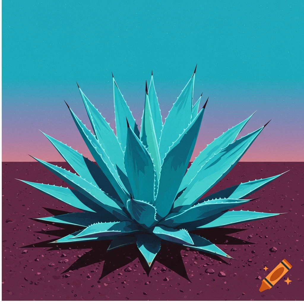 A bold, stylized painting of a turquoise-blue agave plant on brown soil under a periwinkle sky.