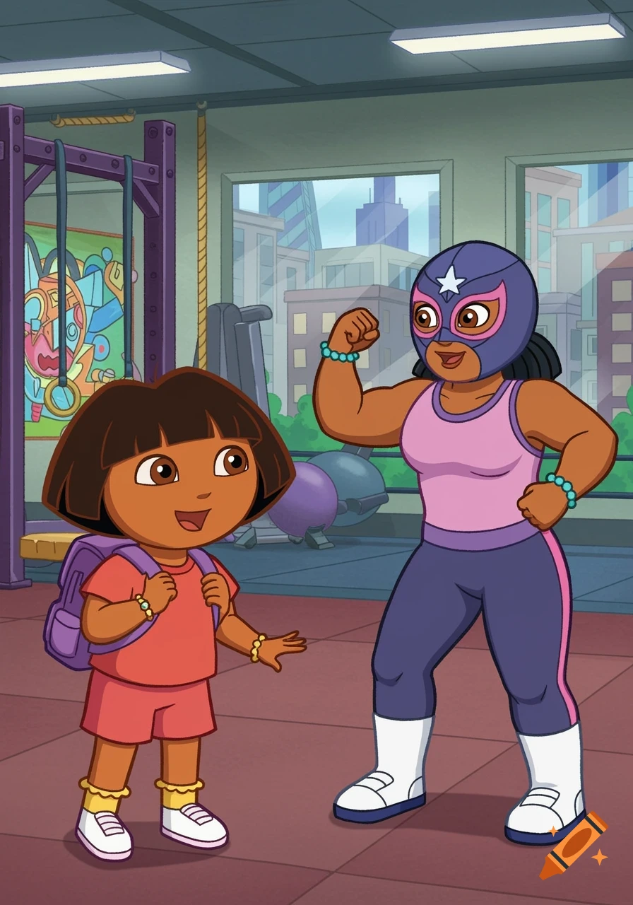 Dora the Explorer stands with a masked female wrestler flexing in a cartoon gym setting.