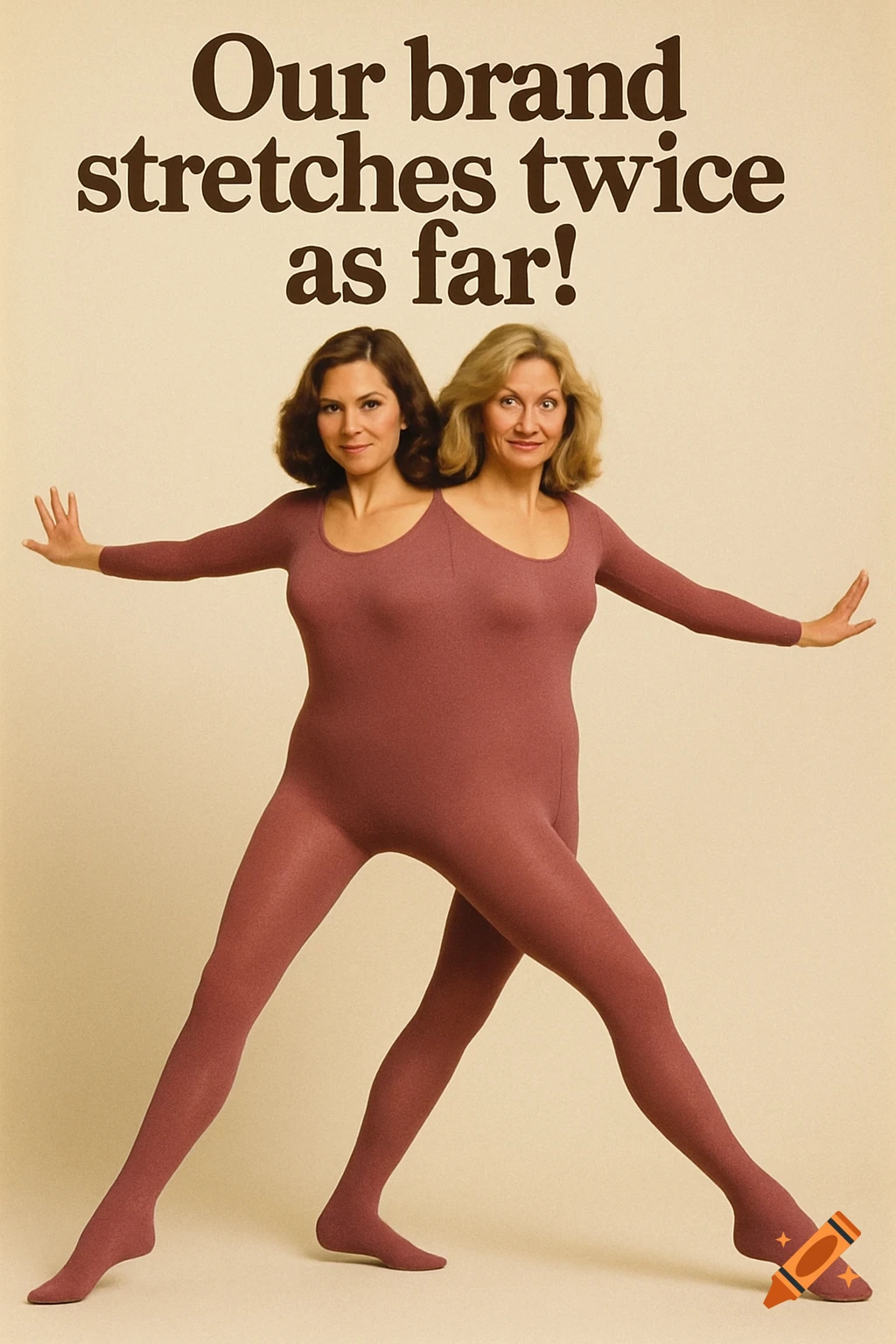 Two women sharing a maroon leotard, creating a two-headed illusion in a vintage ad. Text: 'Our brand stretches twice as far!'.