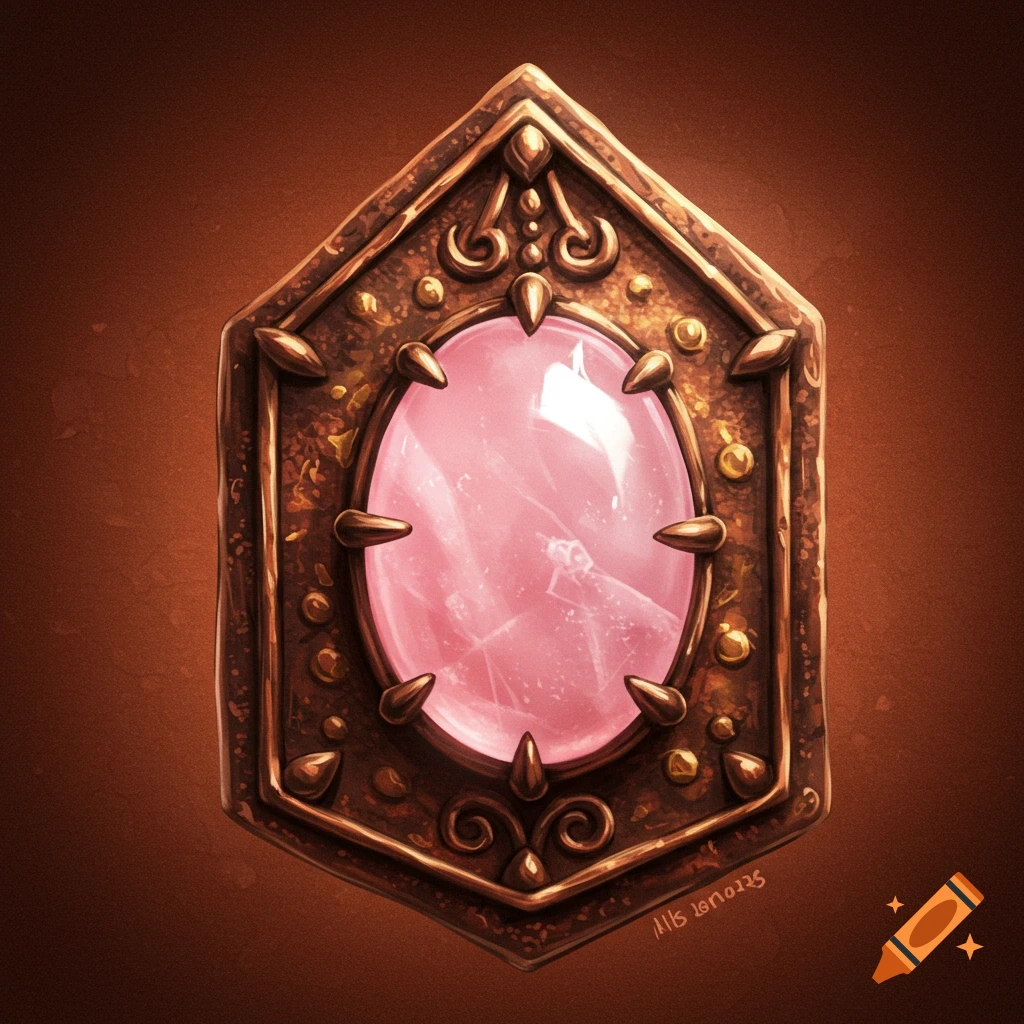 A detailed, stylized copper amulet with an oval pink rose quartz stone at its center on a brown background.