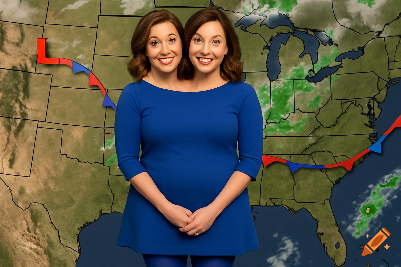 Two smiling women, appearing to be conjoined with two heads on one body, stand in front of a detailed weather map.