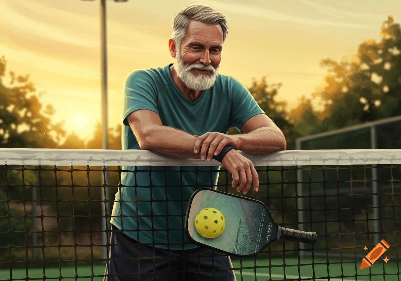 A happy older man with a white beard rests on a pickleball net, holding a paddle. The sun sets behind him on the court. Digital painting.