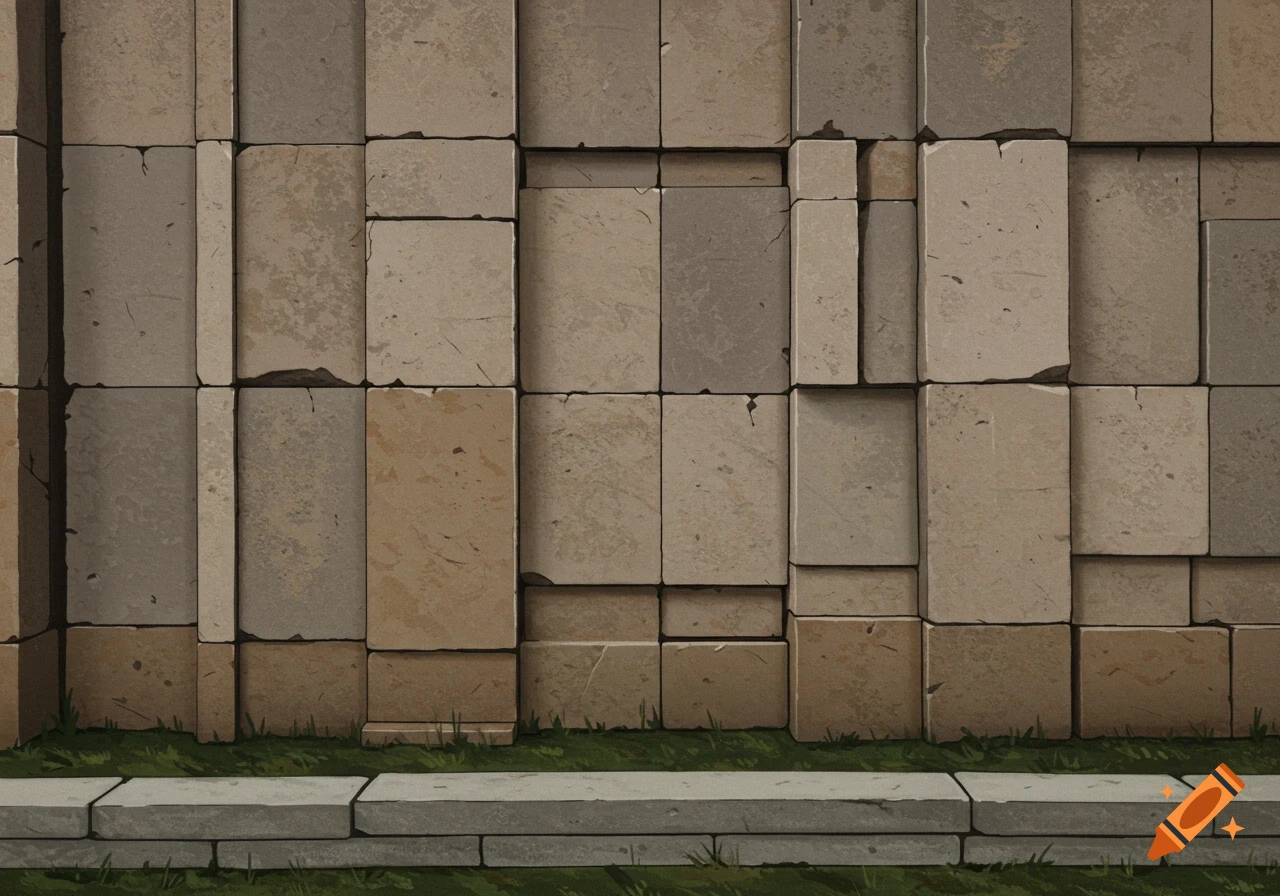 A stone wall or fence made of rectangular blocks stacked in an irregular, offset pattern, with green grass and a gray pavement at its base.